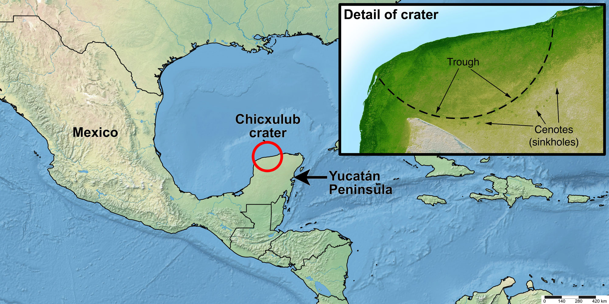 Map showing the location of the Chicxulub crater on the Yucatan Peninsula and a detail showing the edge of the crater.