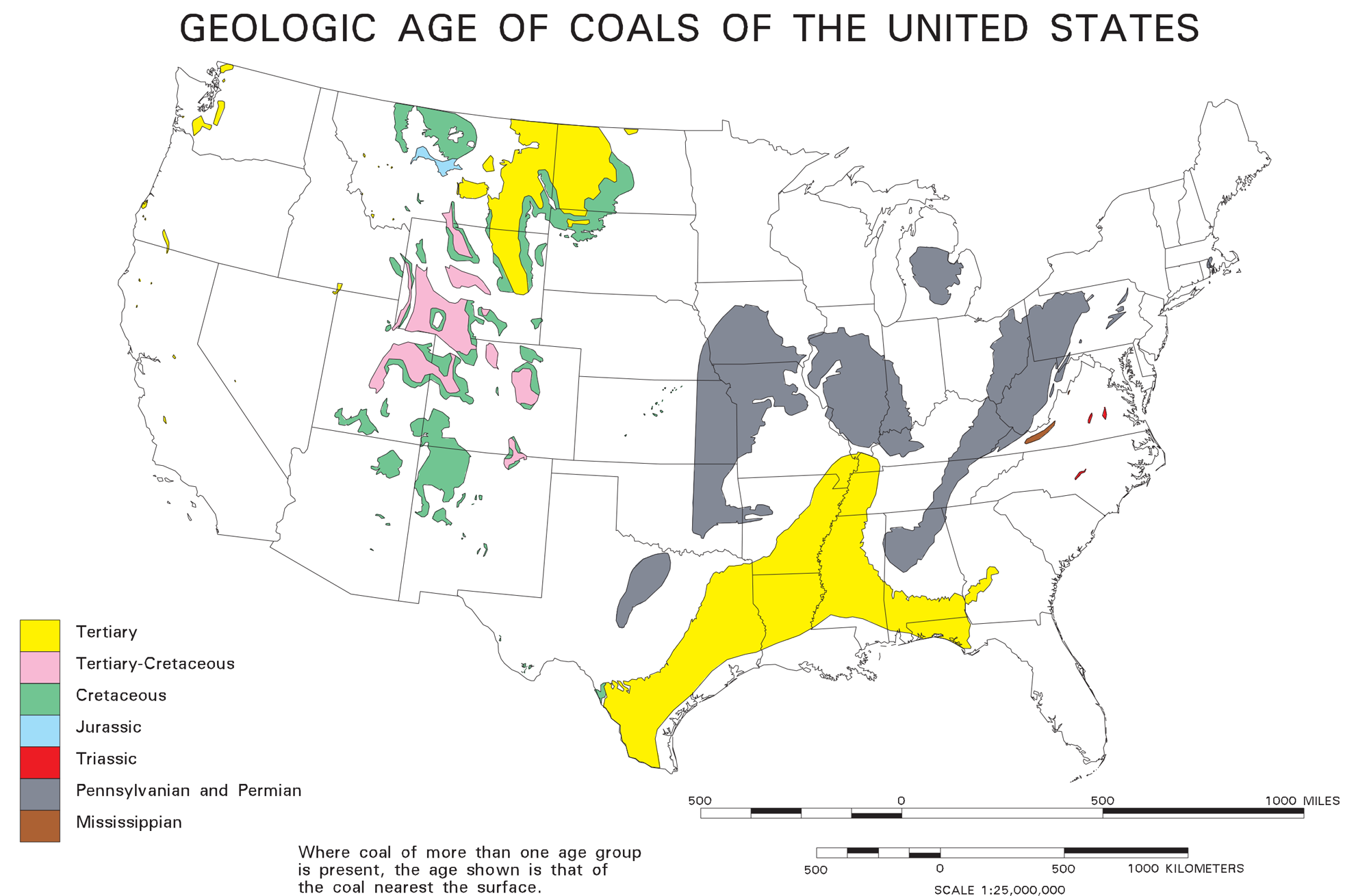 Map of the 48 contiguous states of the US showing distributions of coals and their ages. Most coals are Cretaceous, Tertiary, and Pennsylvanian to Permian.