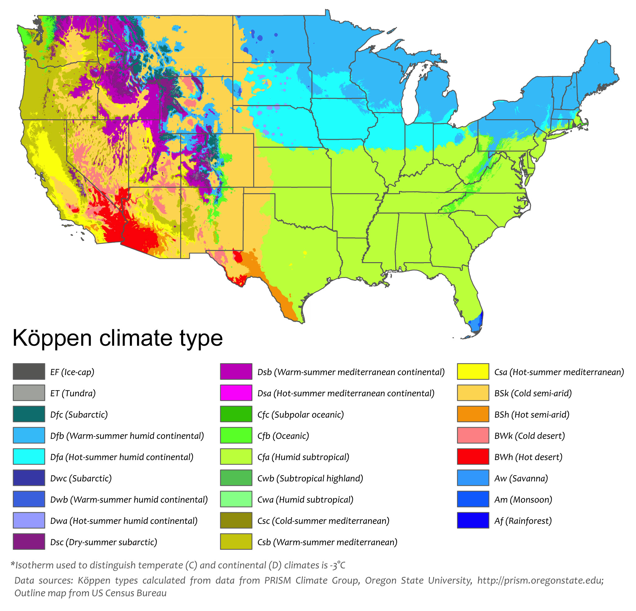 Detailed Koppen climate map of the continental United States.