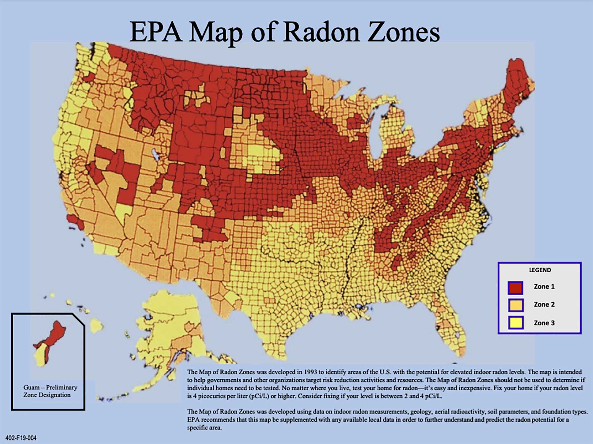 Map showing regions of the country that commonly have hazardous levels of radon.