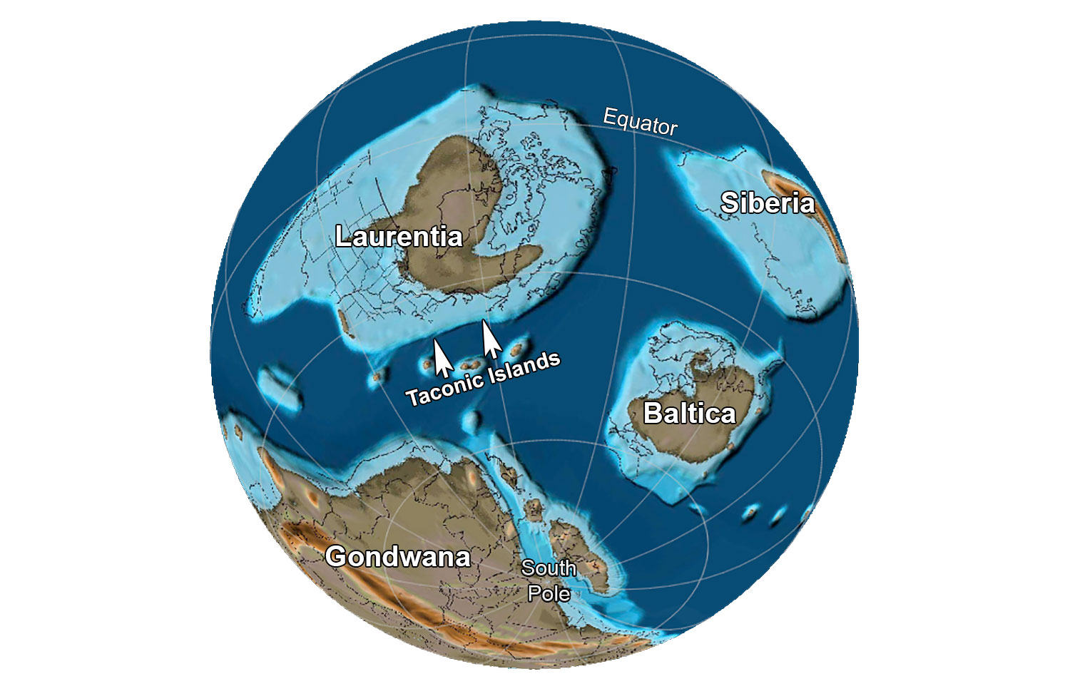 Illustration of the Earth near the Cambrian-Ordovician boundary, about 485 million years ago.