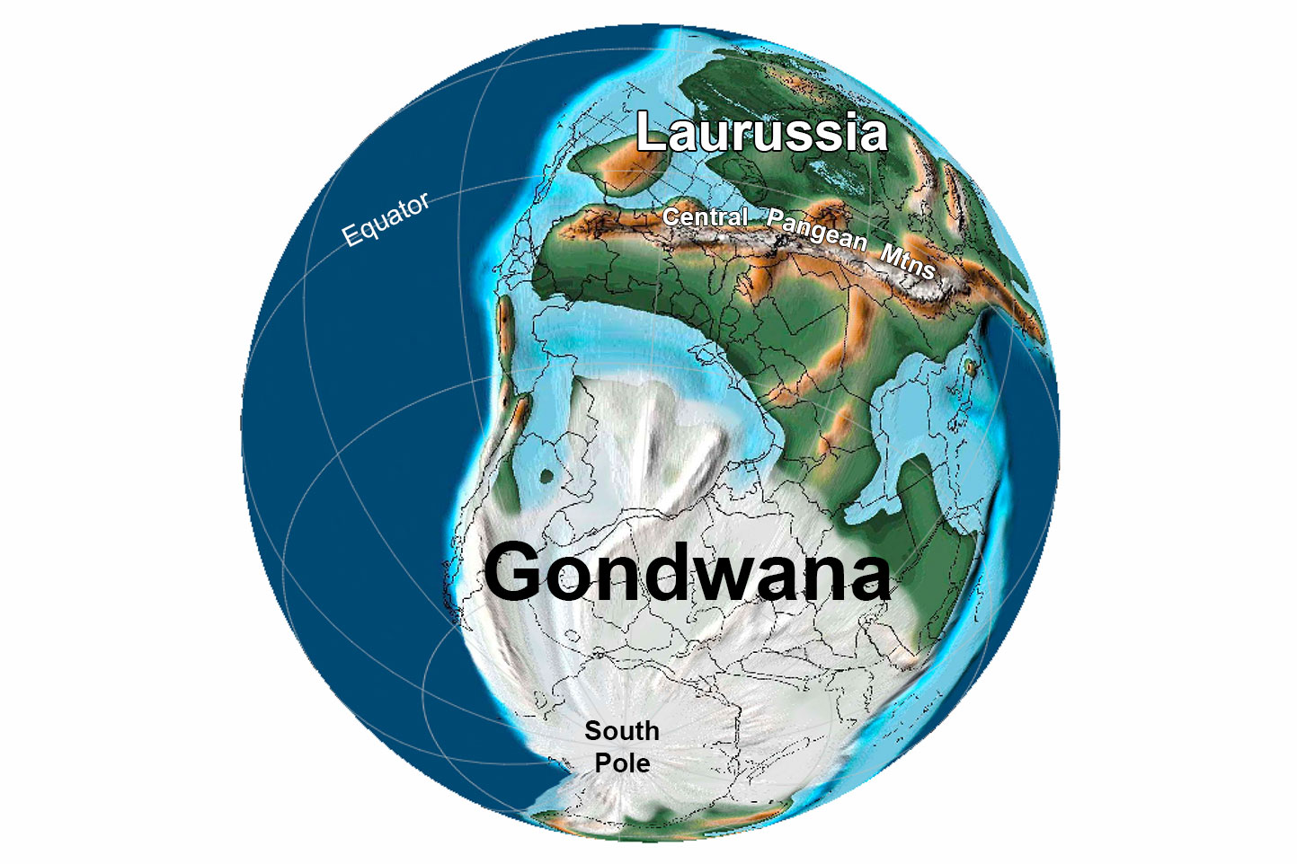 Reconstruction of Earth 300 million years ago showing Gondwana glaciation and Central Pangean Mountains.