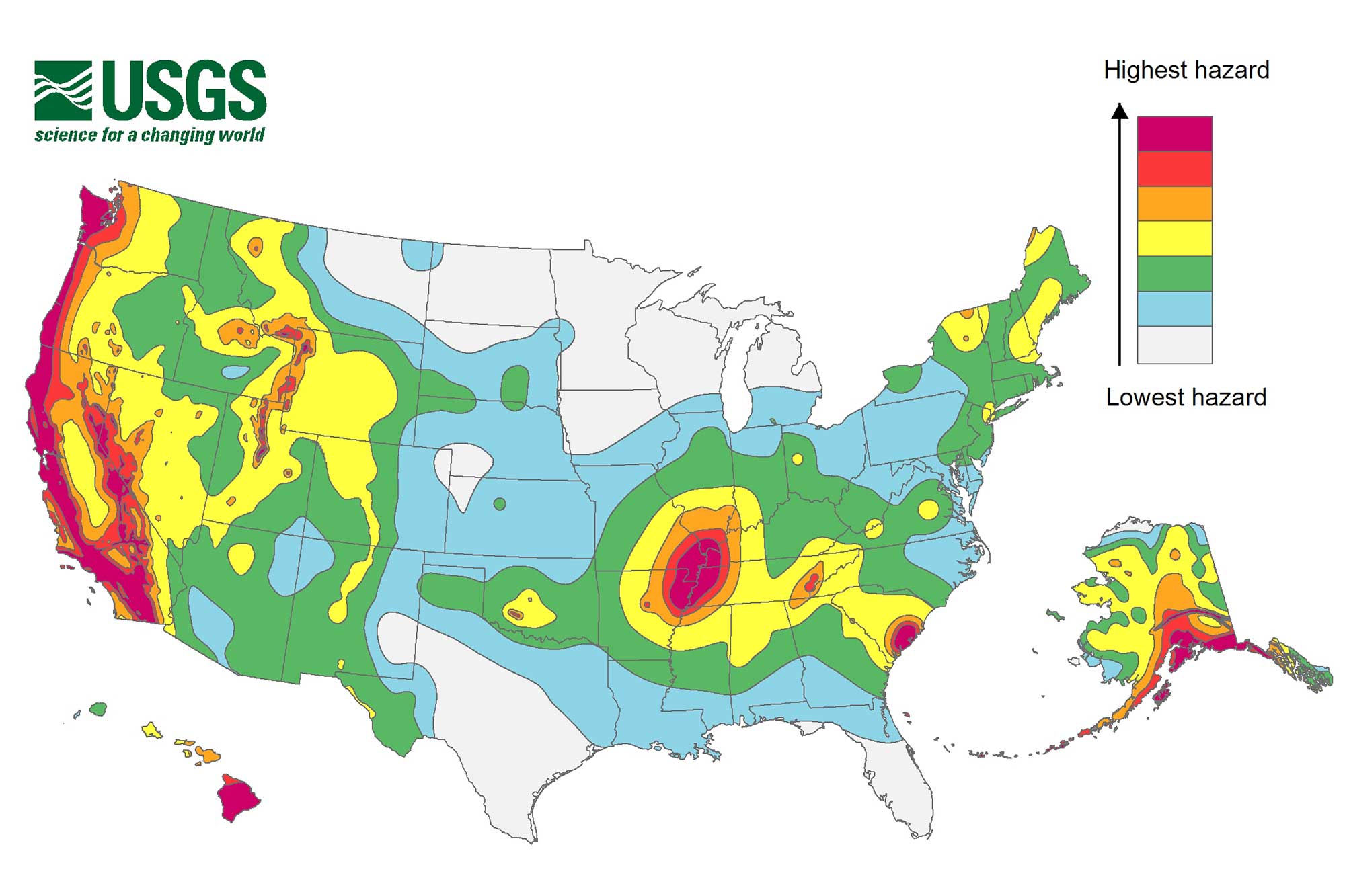 Map of the United States showing regions that are most at risk of Earthquake hazards.