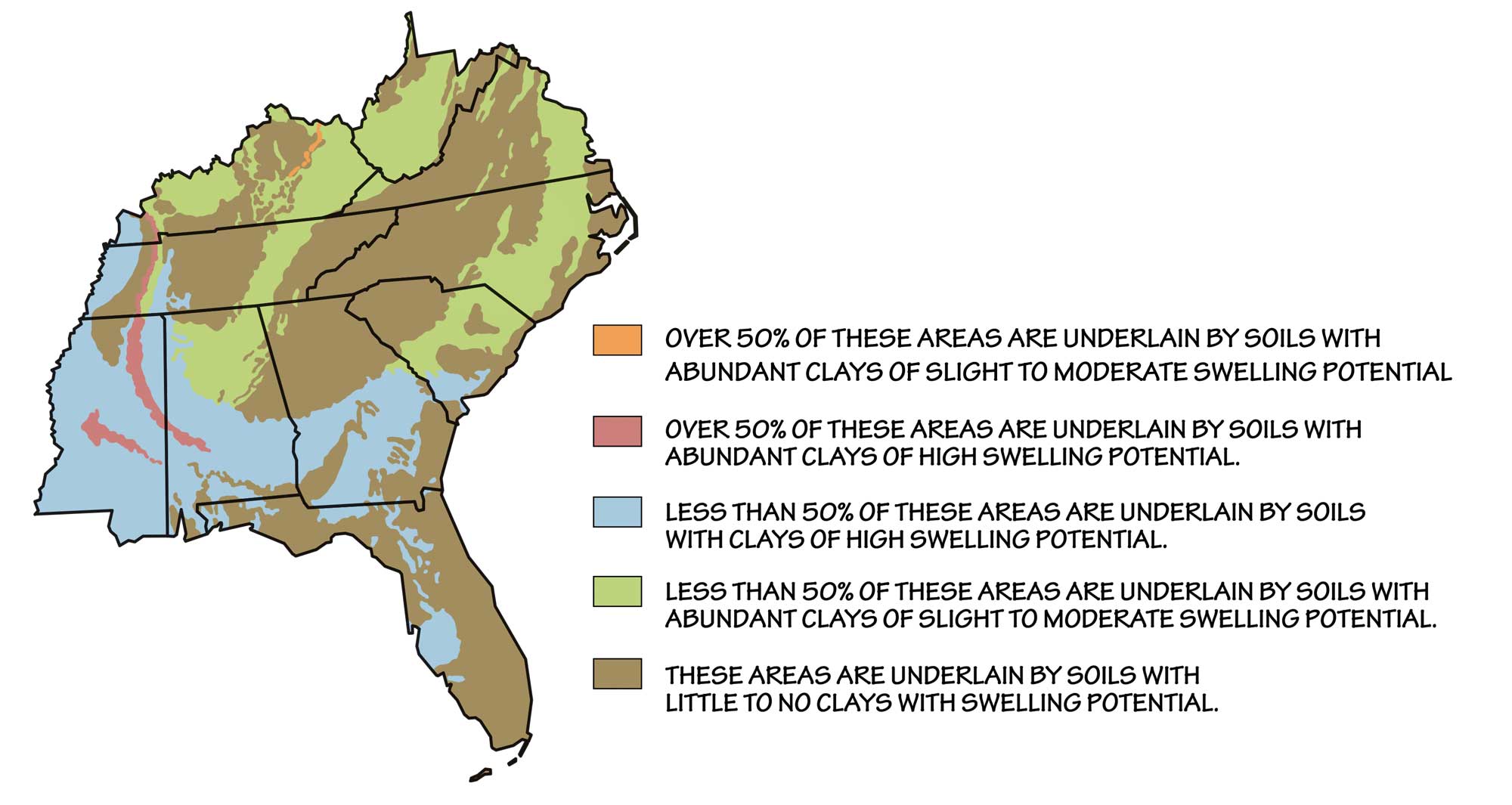 Map showing the approximate distributions of expansive soils in the southeastern United States.