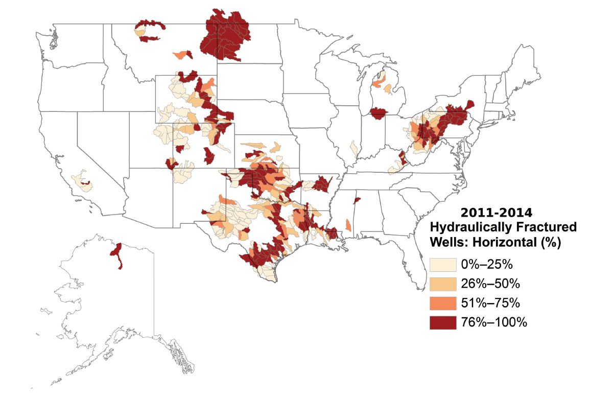 Map showing the percentage of oil and gas wells in the US that use hyrdraulic fracturing, 2011 to 2014.