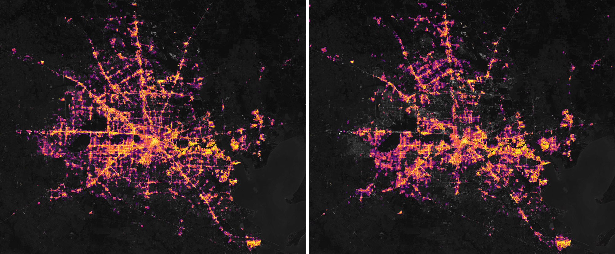 Side-by-side satellite images of Houston showing lights at night before and after severe winter weather in 2021. The city is more illuminated before the storm than after the storm.