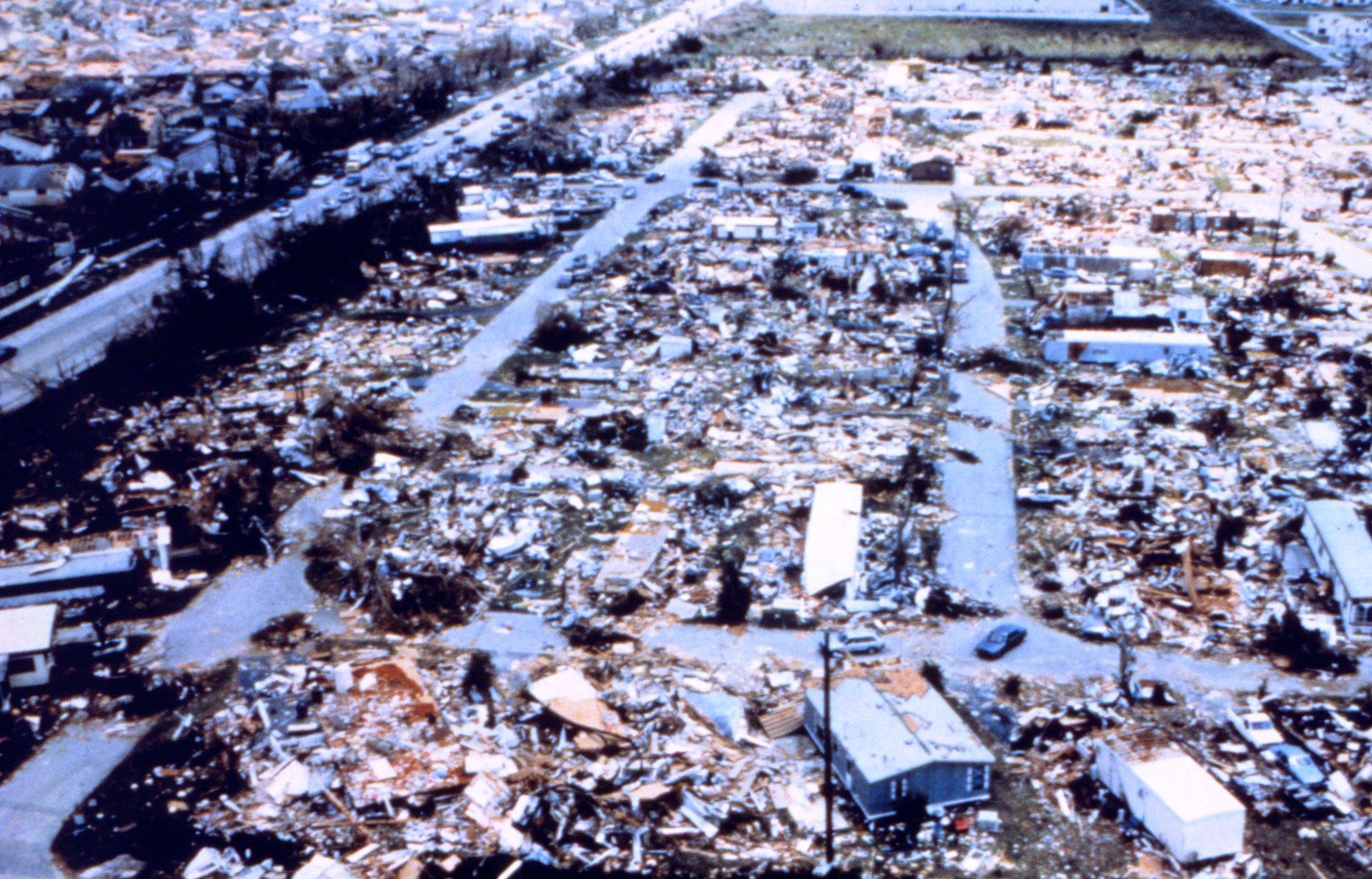 Image of the destruction of a mobile home park in Florida following Hurricane Andrew.