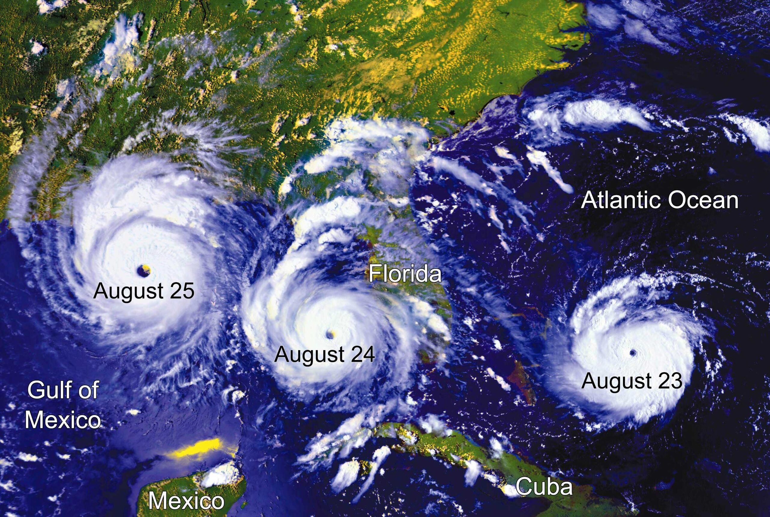 Satellite image of Hurricane Andrew over 3 days in 1992. The storm moves from the Atlantic Ocean, over Florida, and into the Gulf of Mexico.