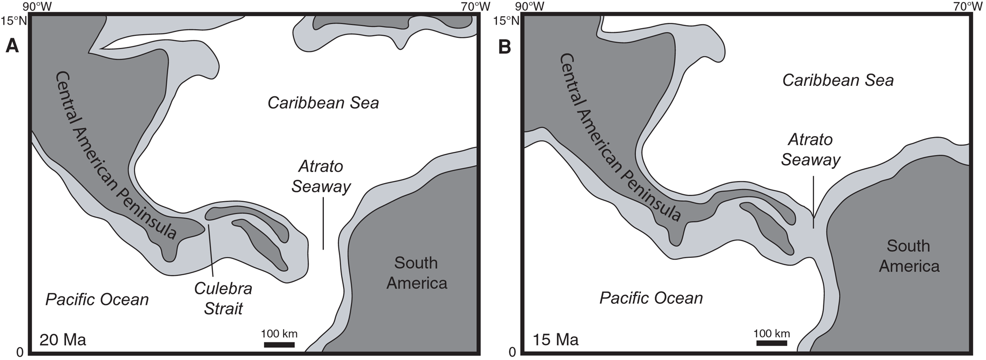 2-Panel image of the closing of stages in the closing of the Isthmus of Panama at 20 million years ago and 15 million years ago.