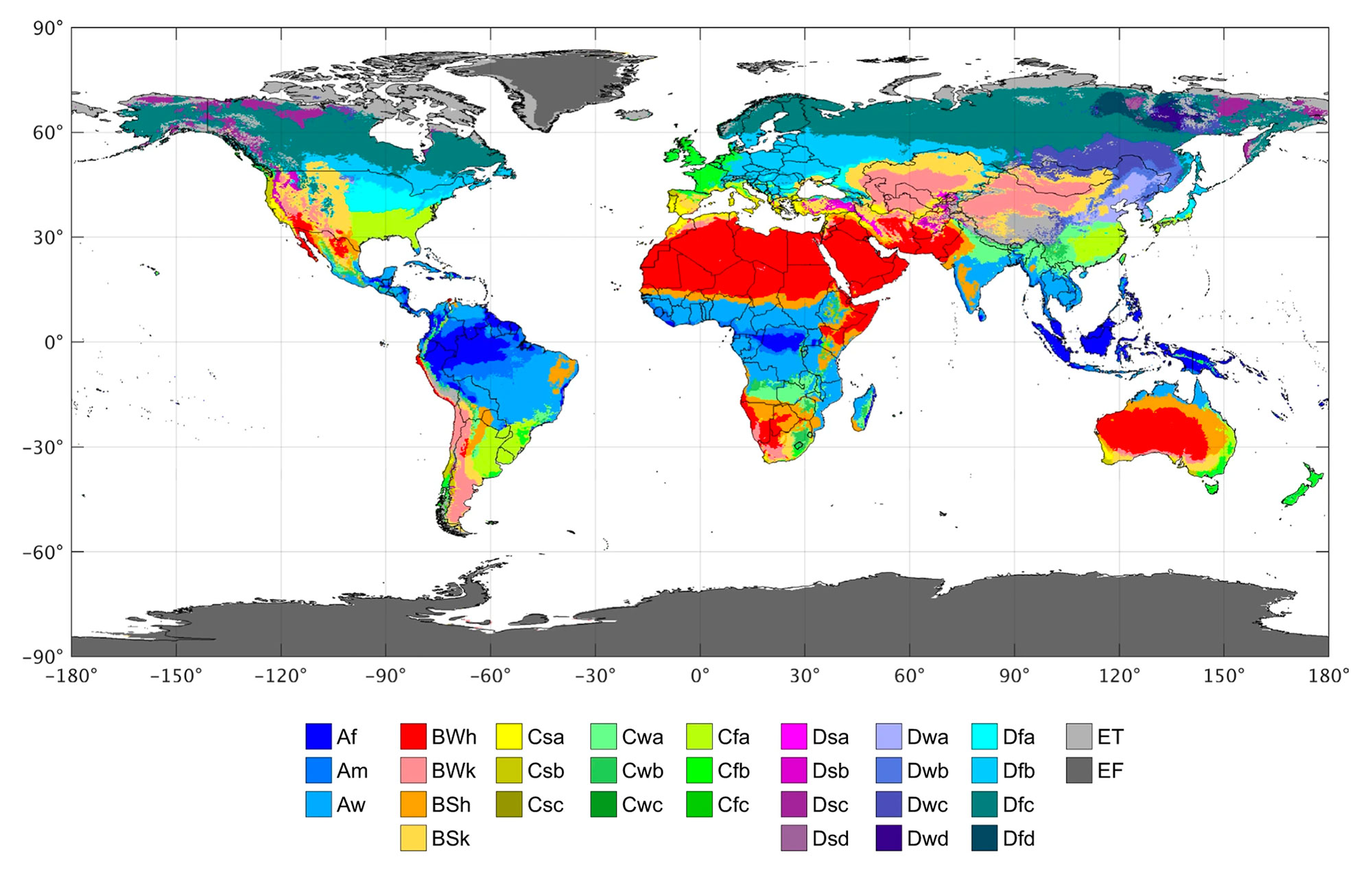 World Koppen-Geiger map showing climate zones for 1980 to 2016.