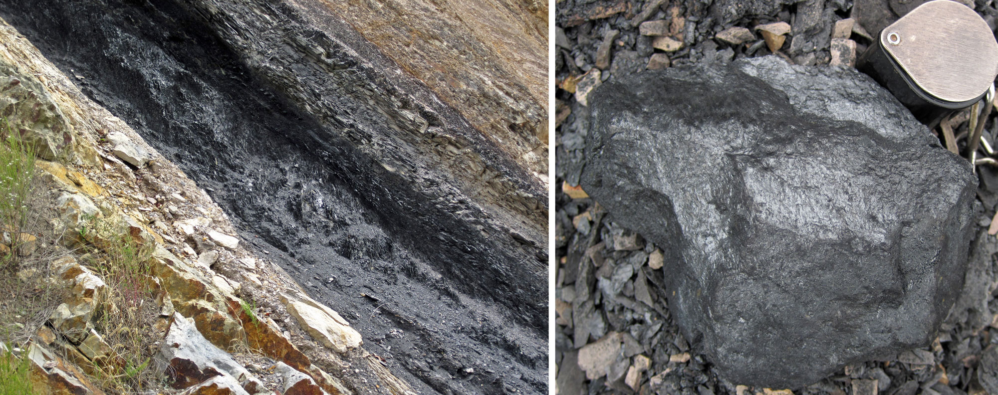 2-Panel image showing photos of Mississippian coal in Virginia. Panel 1: Photo of a coal layer in a roadcut. Panel 2: A chunk of semi-anthracite coal.