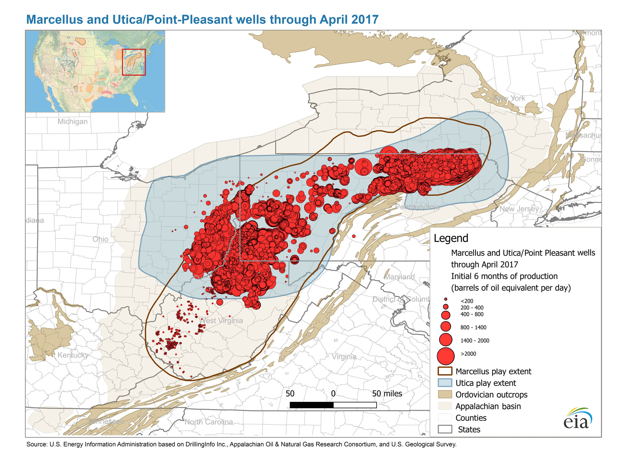 Distribution of Marcellus Shale and Utica-Point Pleasant shale deposits, petroleum plays, and petroleum wells.