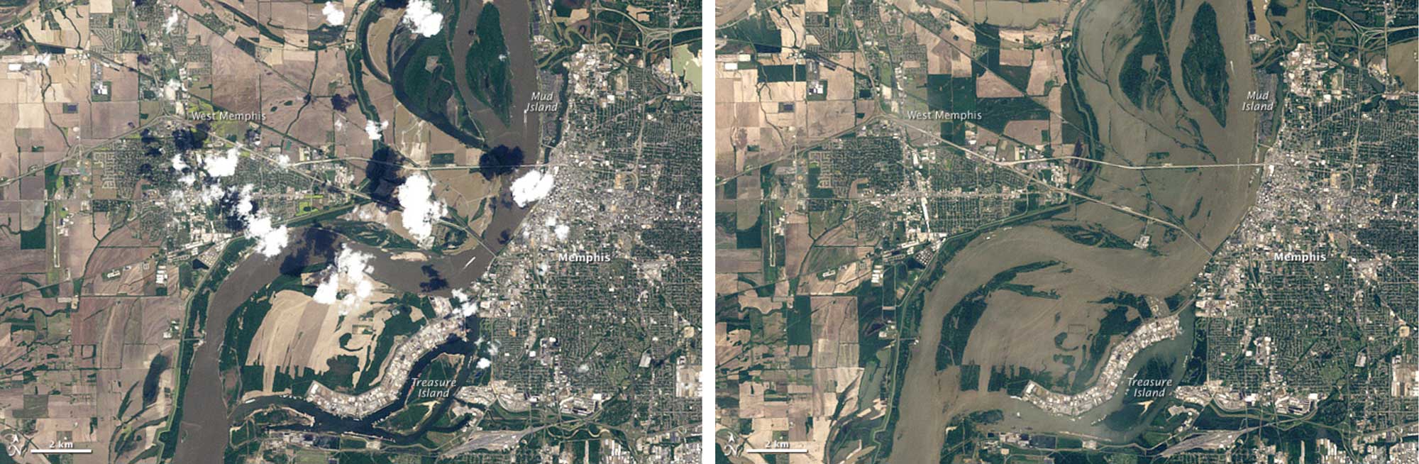Two satellite images of the area around Memphis before and after the flooding of May 2011.