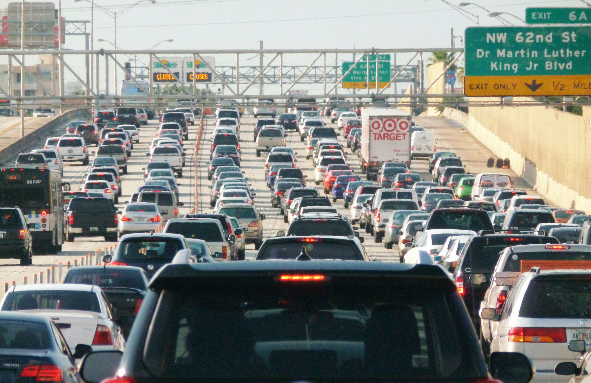 Photo of a rush hour traffic jam on I-95 north in Miami, 2012.