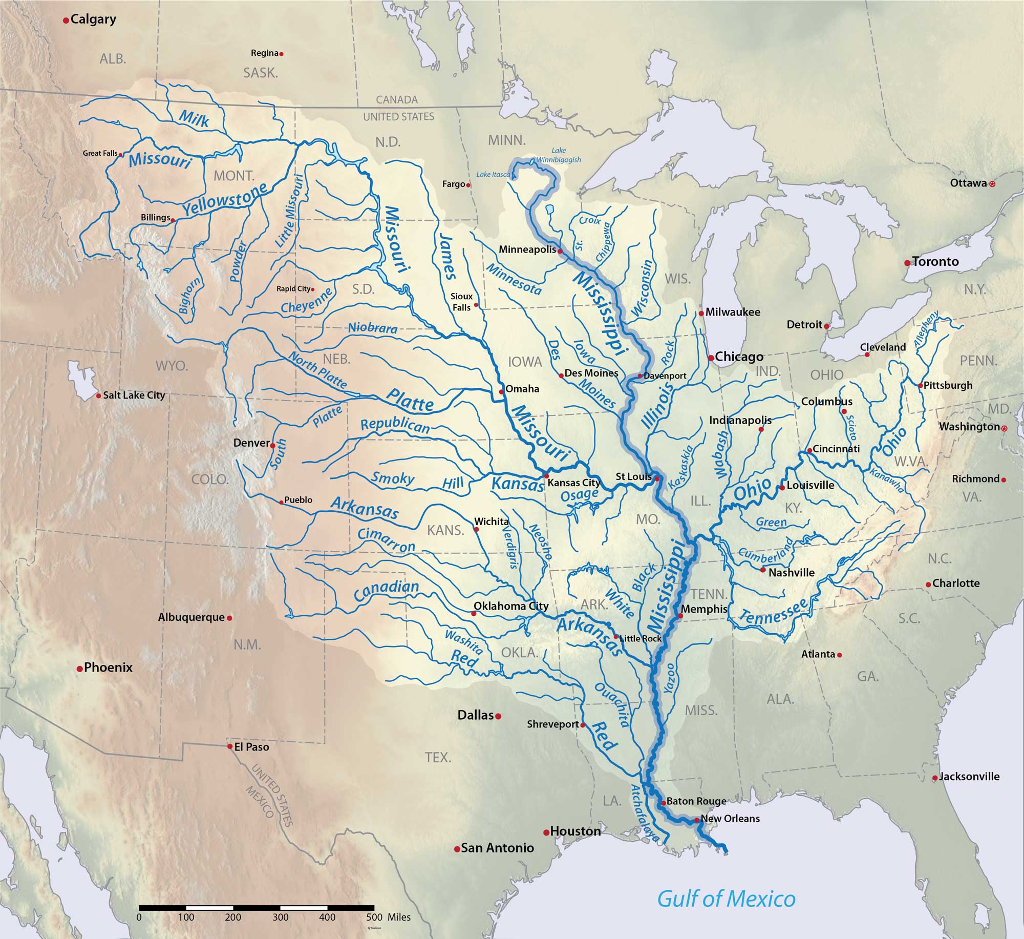 Map showing the Mississippi River and its tributaries.