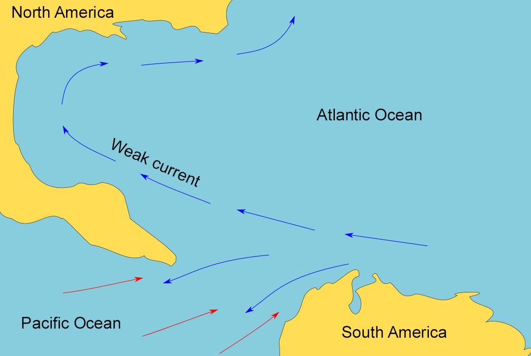 Map showing the Isthmus of Panama region before the Isthmus closed. Ocean water circulated between the Atlantic and Pacific Oceans.