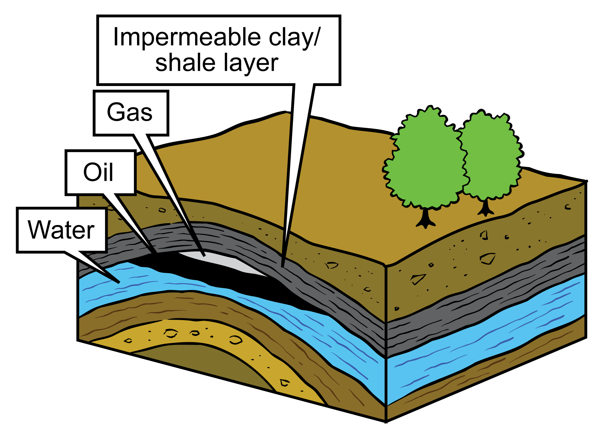 Diagram of an oil and gas reservoir that has formed under a folded impermeablel barrier layer of rock.