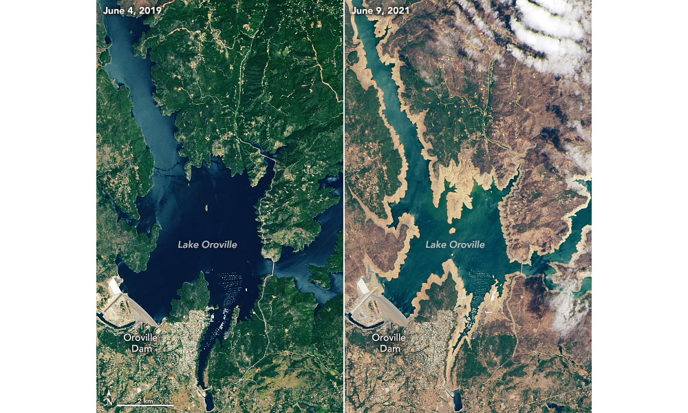 2-Panel image showing satellite photos of Lake Oroville, California. Panel 1: Reservoir full in June 2019. Panel 2: Reservoir with a much lower water level due to drought in June 2021.