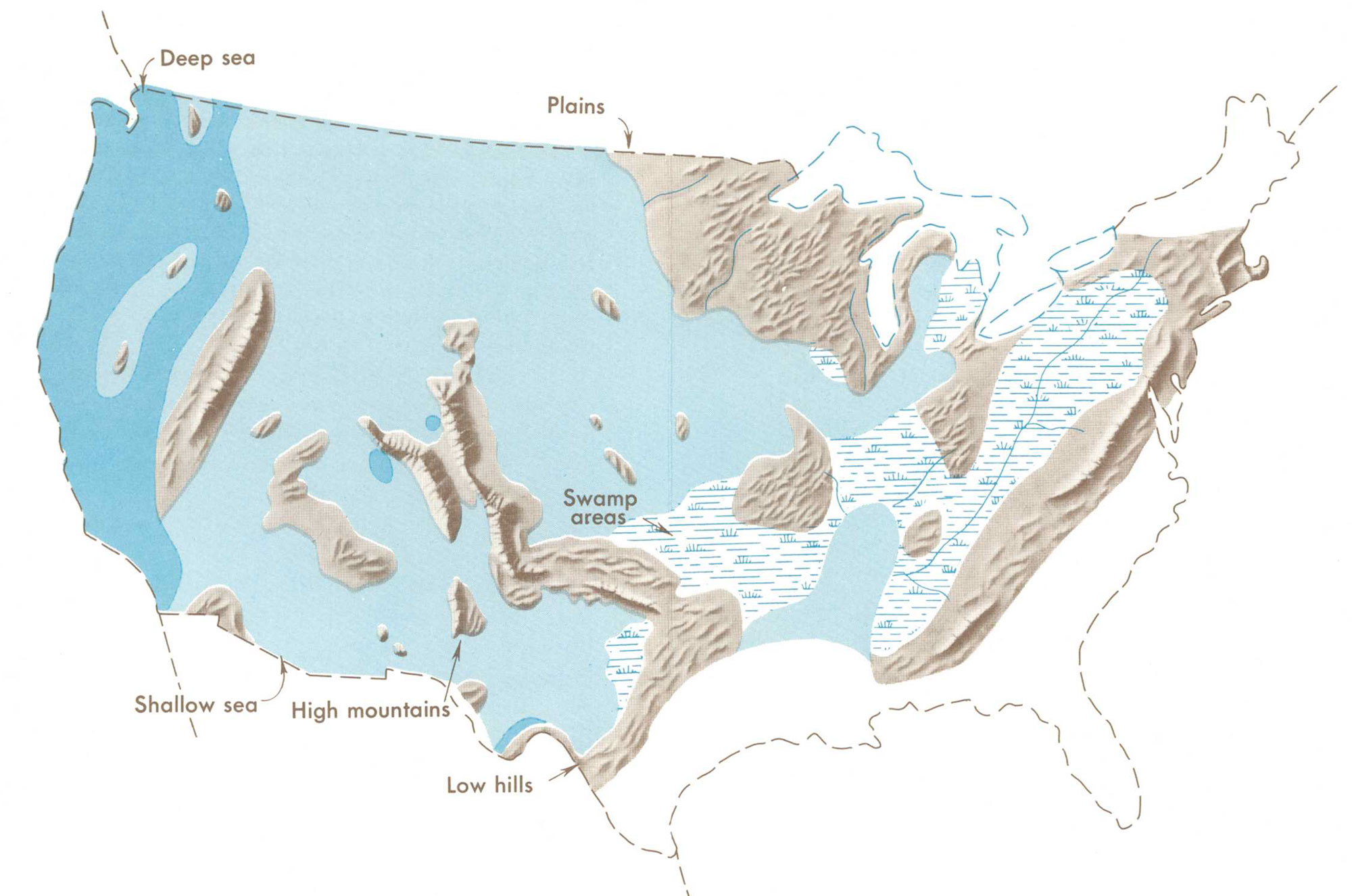 Map of the United States showing current political boundary and the areas where coal swamps occurred in the Carboniferous.