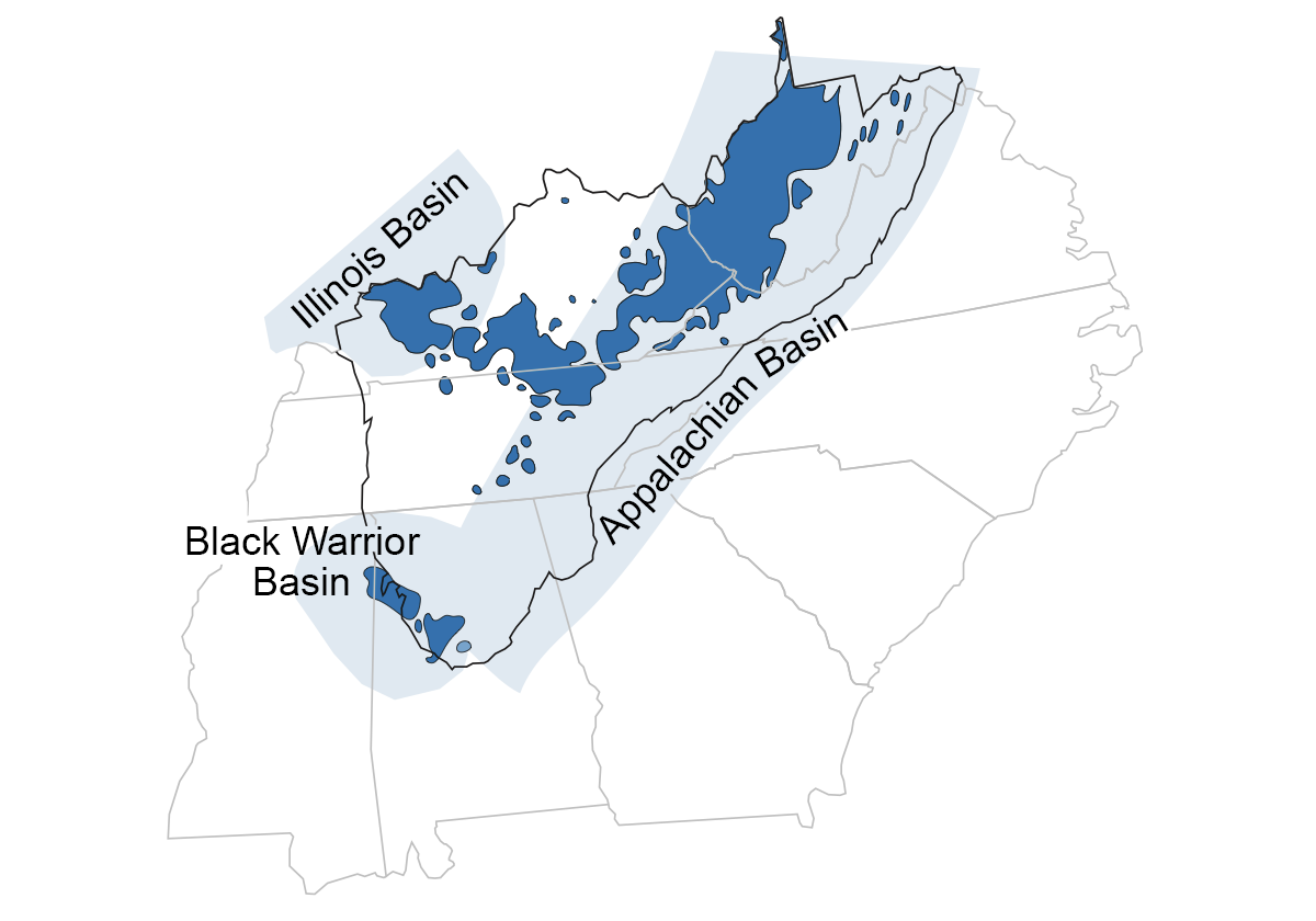 Map of basins producing oil and gas in the Inland Basin region of the Southeastern US.