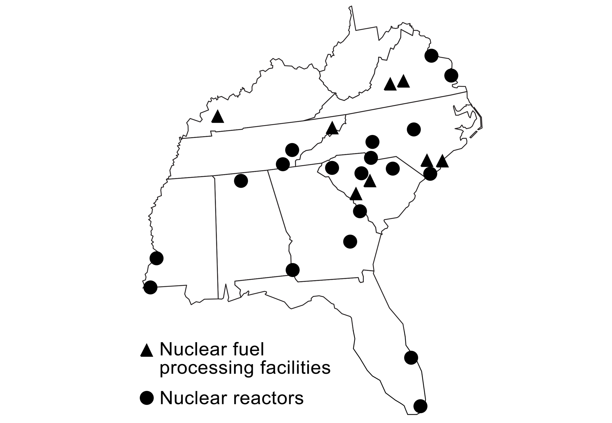 Map showing distribution of nuclear processing facilities and nuclear reactors in the Southeastern US.
