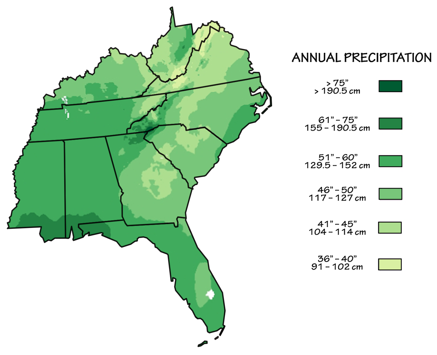 Map of the southeastern US shaded to show zones of average precipitation.