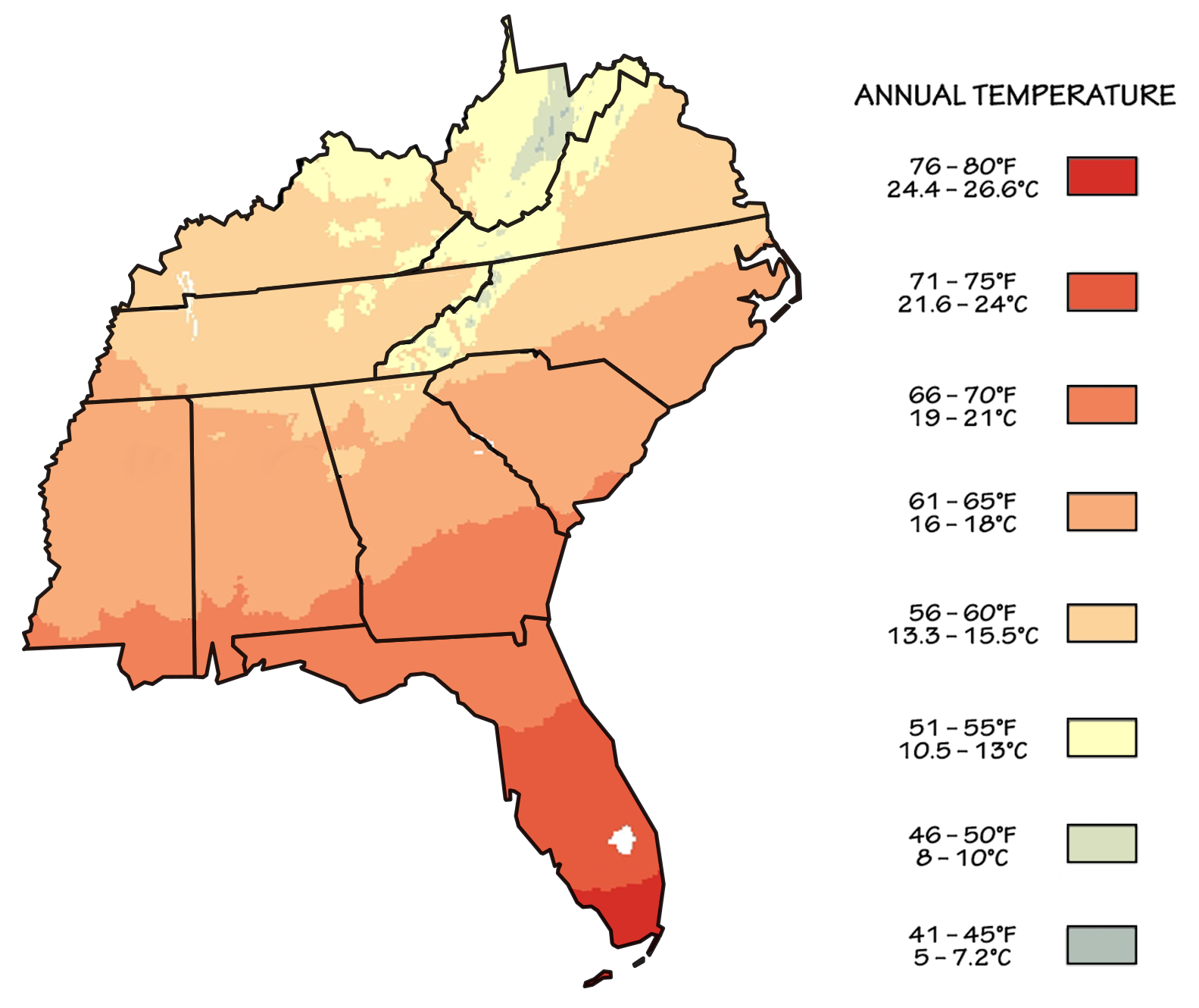 Map of the southeastern United States color-coded to show zones with different average annual temperatures. Average temperature increases southward.