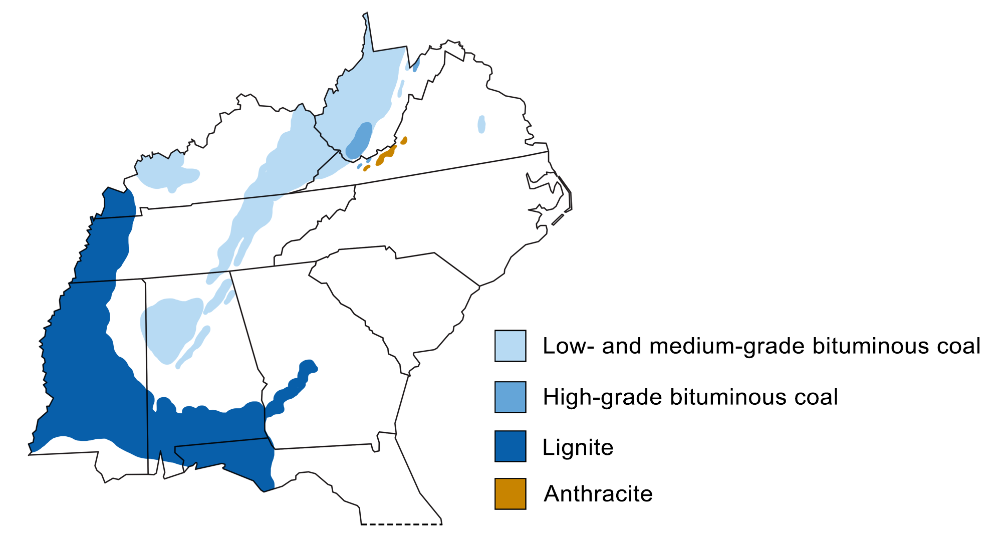 Map of the southeastern United States showing the distribution of lignite, bituminous, and anthracite coals.
