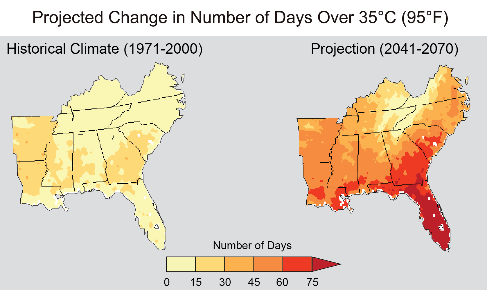Two maps showing the number of hot days per year from 1971 to 2000 and the projection for 2041 to 2070.