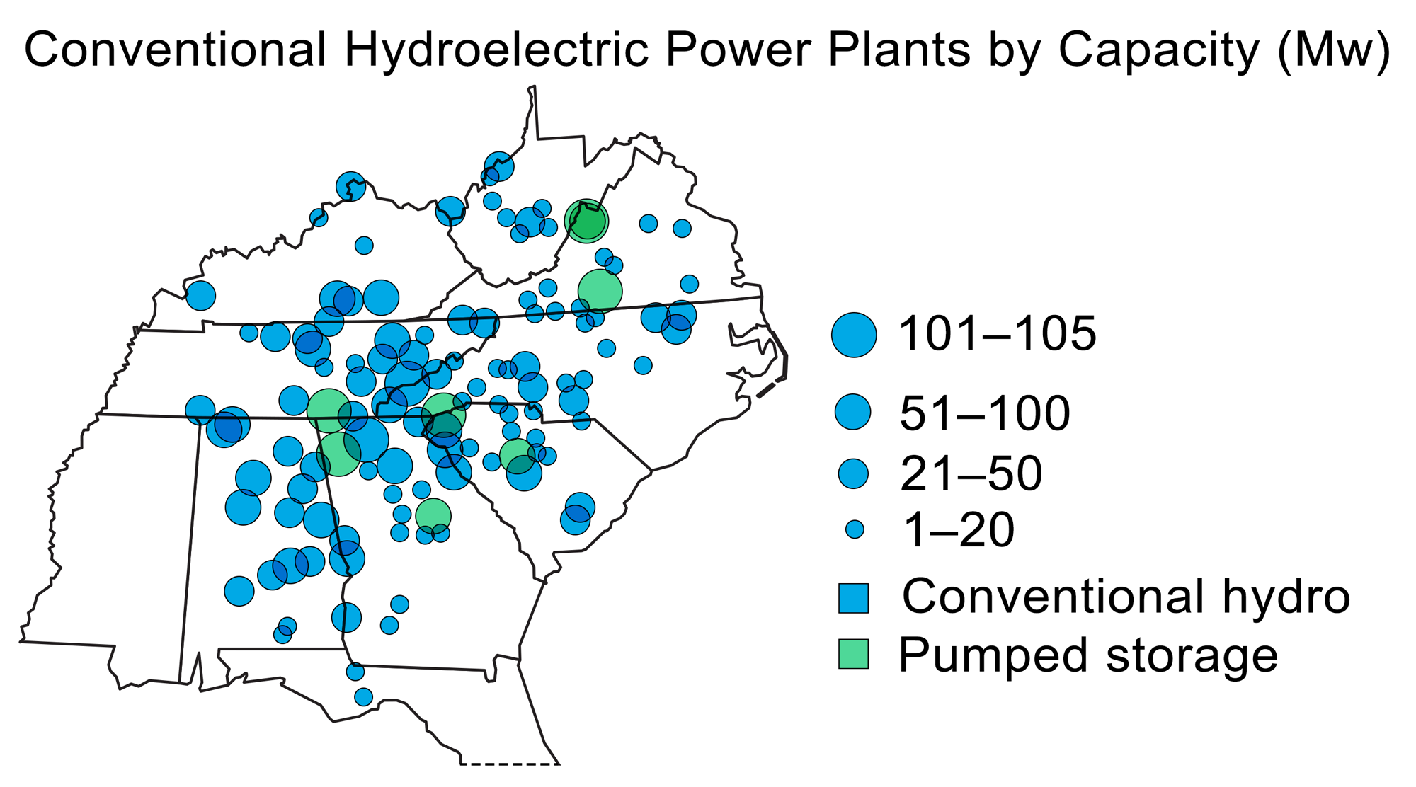 Map showing locations and generating capacity of hydroelectric plants in the Southeast.