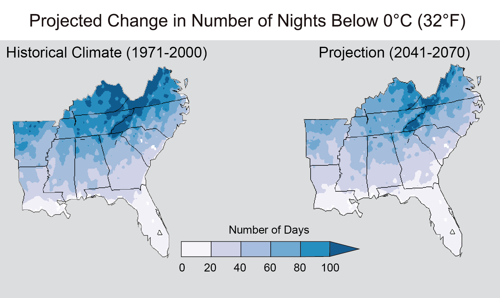 Maps of the southeastern US showing the number of nights below freezing between 1971 and 2000 and the projected number of nights below freezing between 2041 and 2070.
