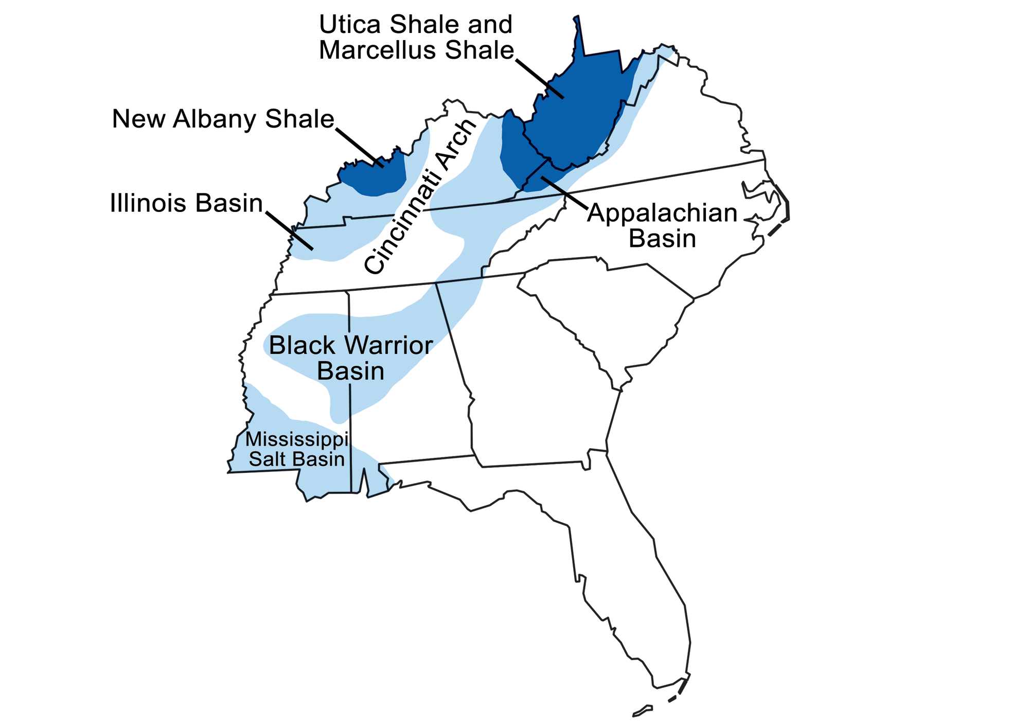 Map showing the sedimentary basins with fossil fuel deposits in the Southeastern US.