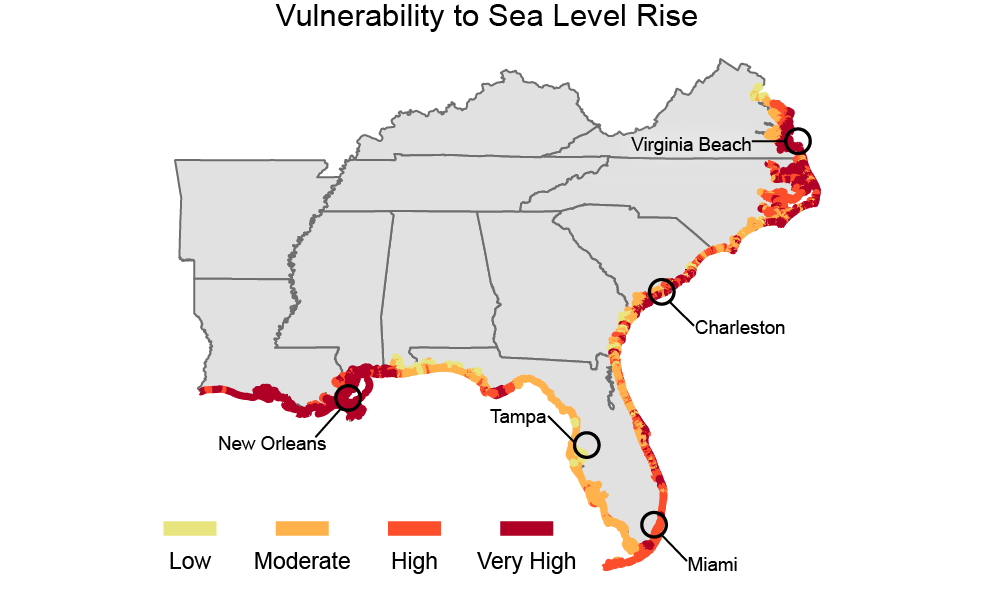 Map of the Southeast showing coastal areas vulnerable to sea level rise. Areas are coded as low, moderate, high, or very high risk.