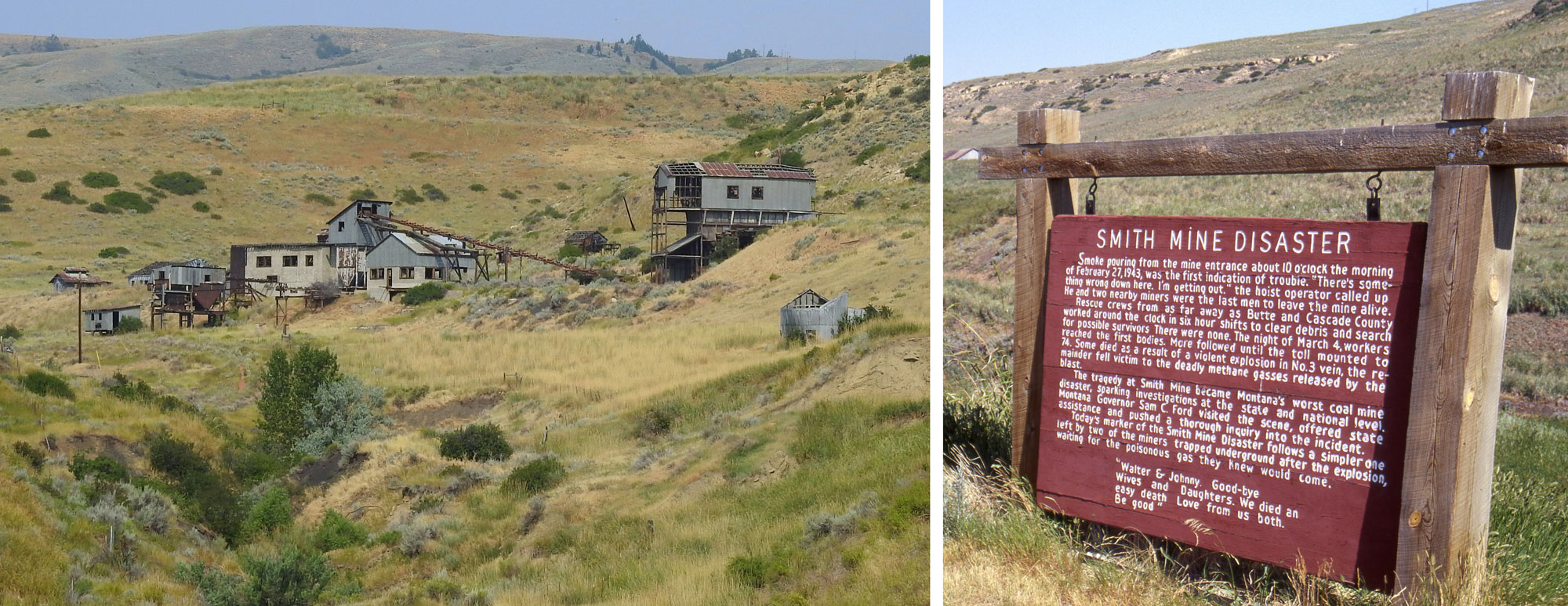 2-Panel figure showing the Smith Coal mine, where an explosion killed over 70 miles in 1943. Panel 1: Buildings at the abandoned mine. Panel 2: Informational sign about the disaster.