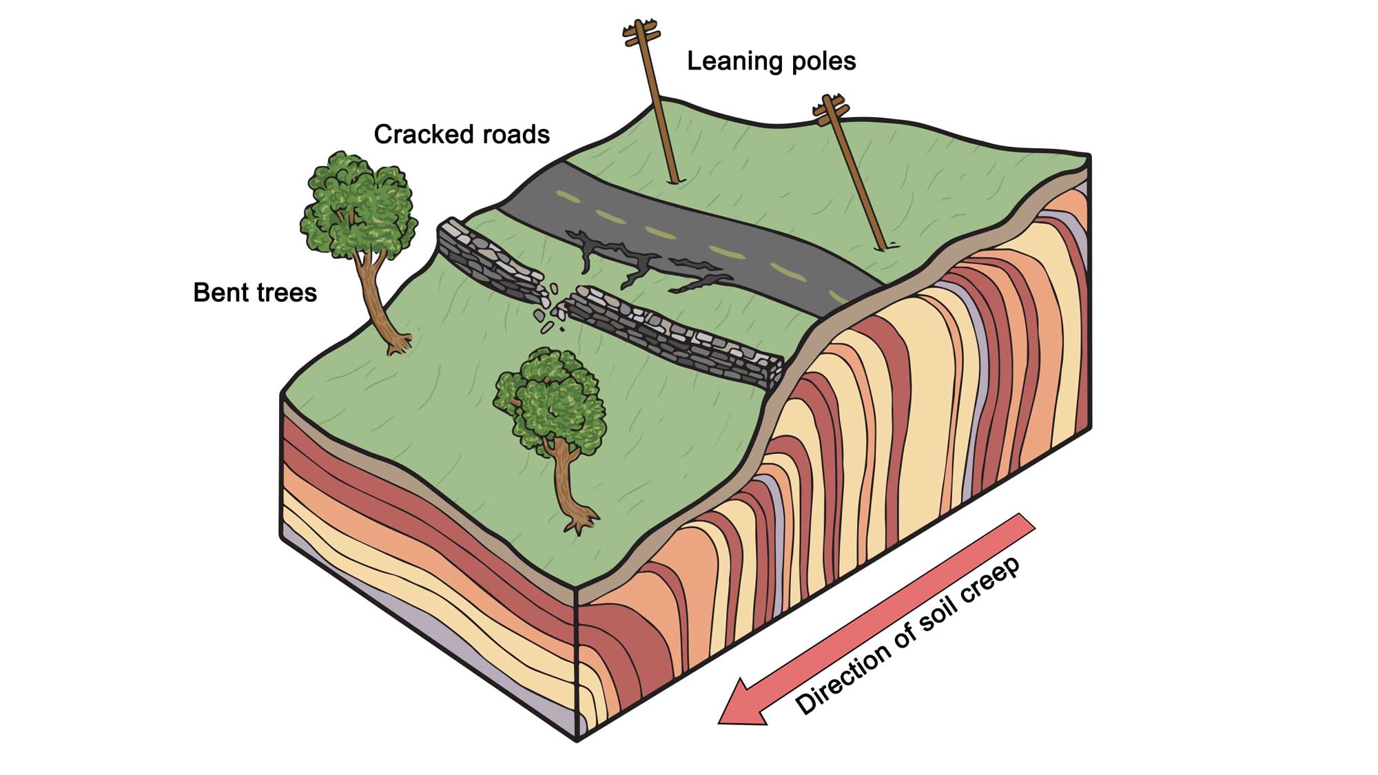 Simple diagram showing some of the effects of soil creep on the landscape.