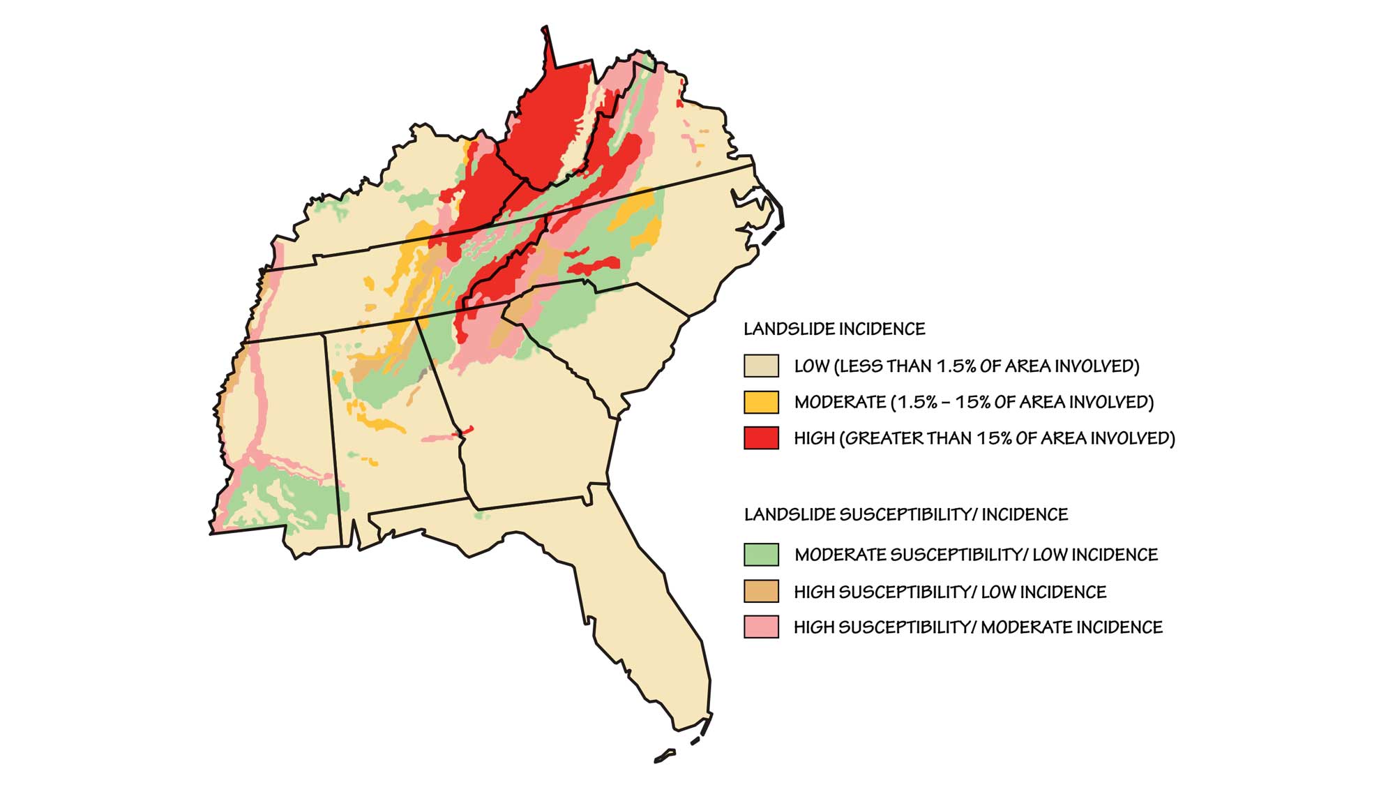 Map showing landslide incidence and risk in the southeastern United States.