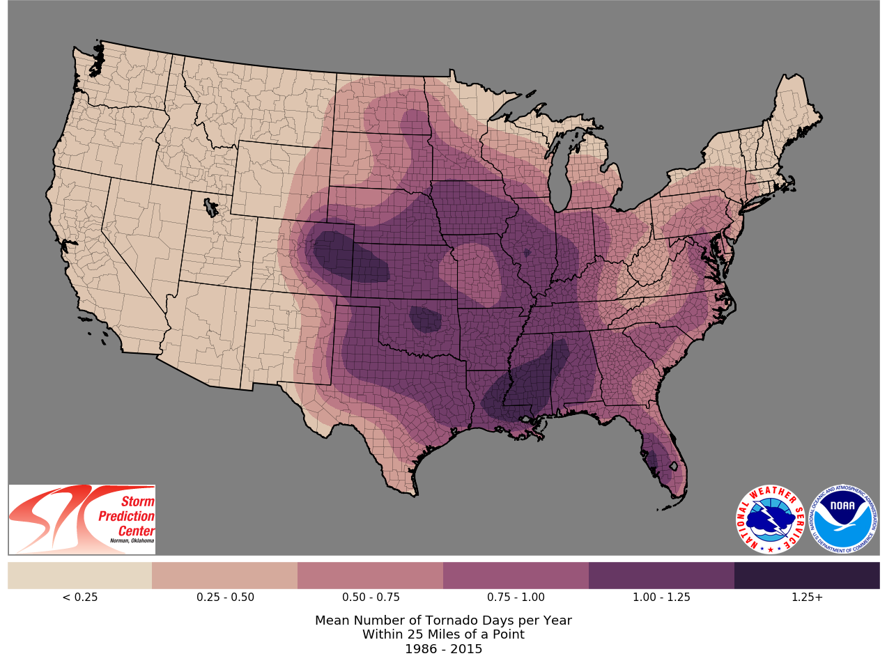 Map of the United States shaded to show the average number of tornado days per year.