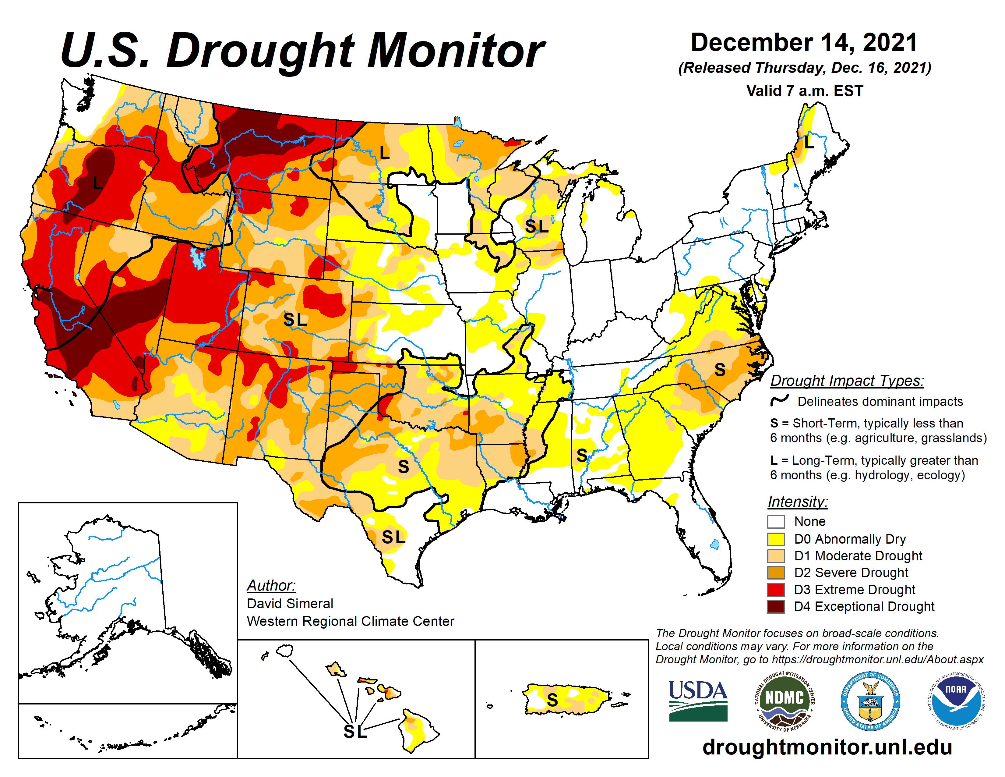 Map from December 2021 showing the distribution of drought conditions in the US. Much of the western US is in extreme or exceptional drought, especially California, Oregon, Montana, Nevada, and Utah.