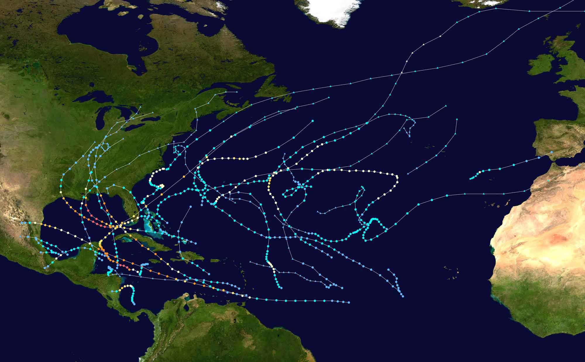 Map of the Atlantic Ocean showing the trajectories of hurricanes during the 2005 hurricane season.