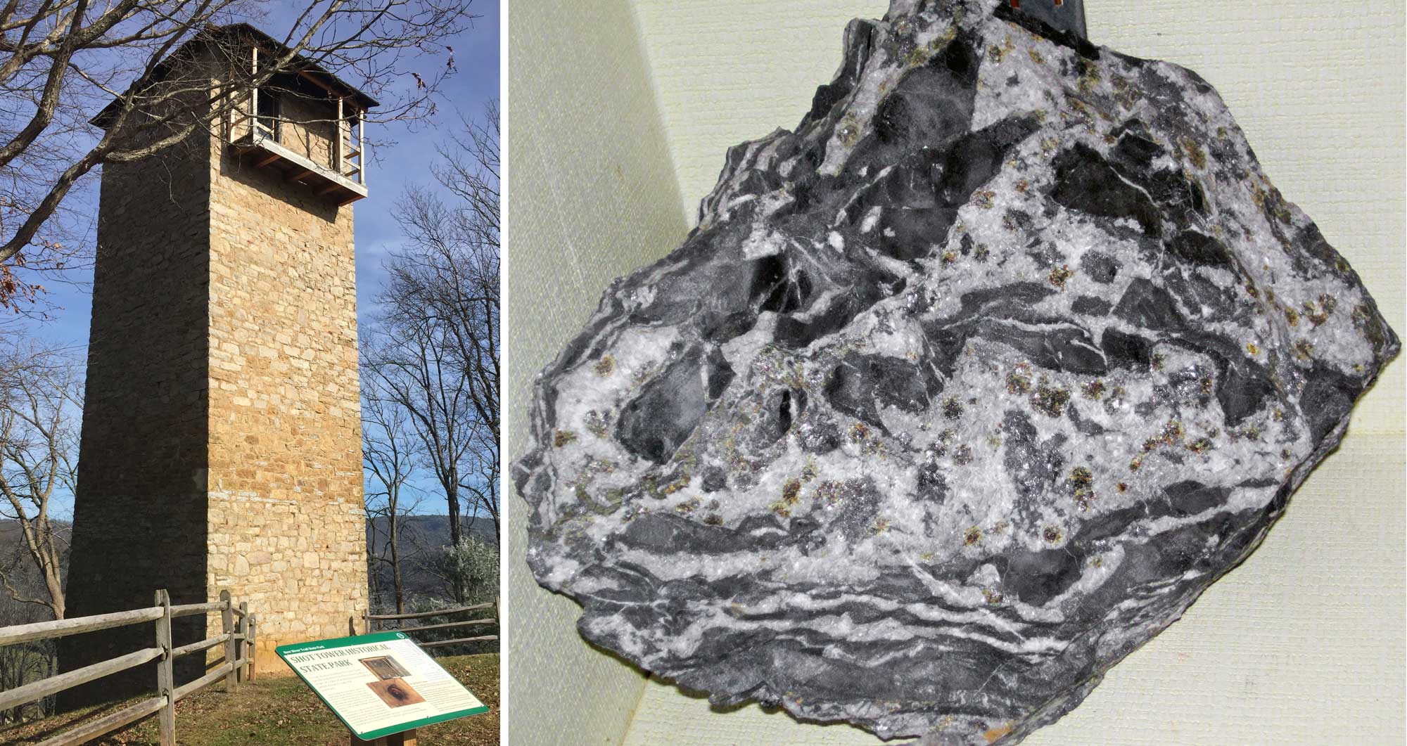 2-Panel image showing photographs. Panel 1: Stone tower used to make lead shot, built in 1807. Panel 2: Chunk or ore containing lead and zinc.