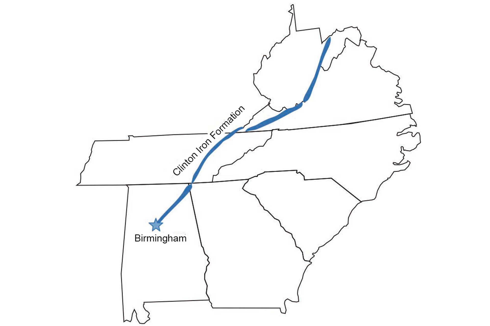 Map showing the extent of the Clinton Iron Formation in the southeastern United States.