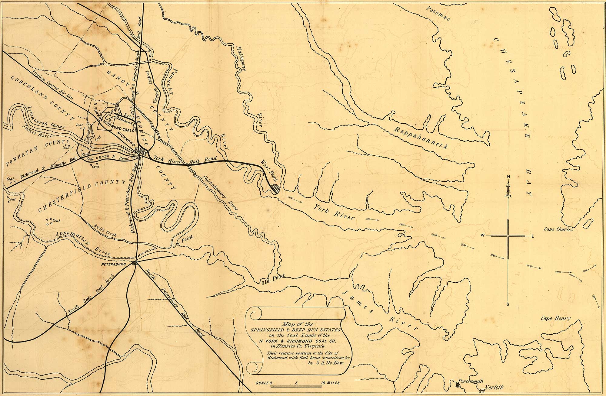 1856 Map of the Richmond, Virginia, region showing locations of coal deposits.