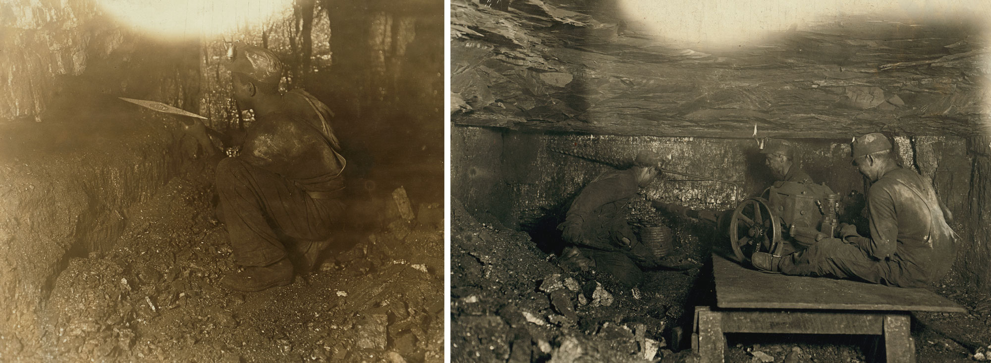 2-Panel image showing photos of coal miners in West Virginia, 1908. Panel 1: Miner using a pick to remove coal from a seam. Panel 2. Three miners digging coal in a shaft with a low ceiling.