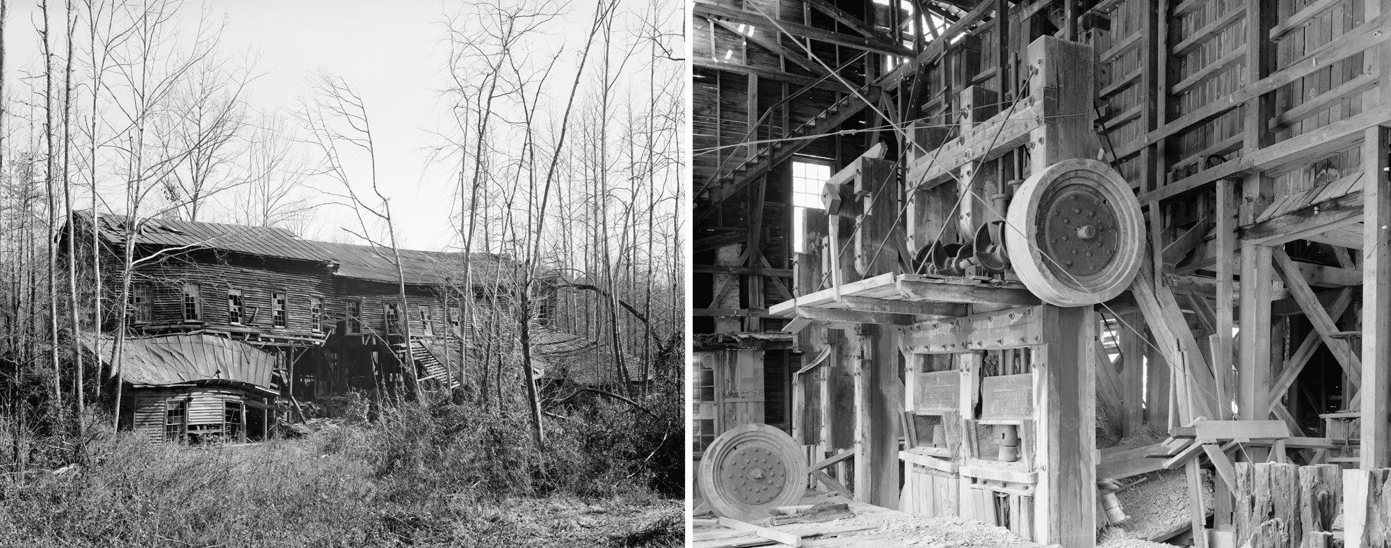 2-Panel image, black and white photos of the abandoned Coggins Gold Mine, North Carolina. Panel 1: Delapidated wooden building. Panel 2: Abandoned milling machinery inside the building.