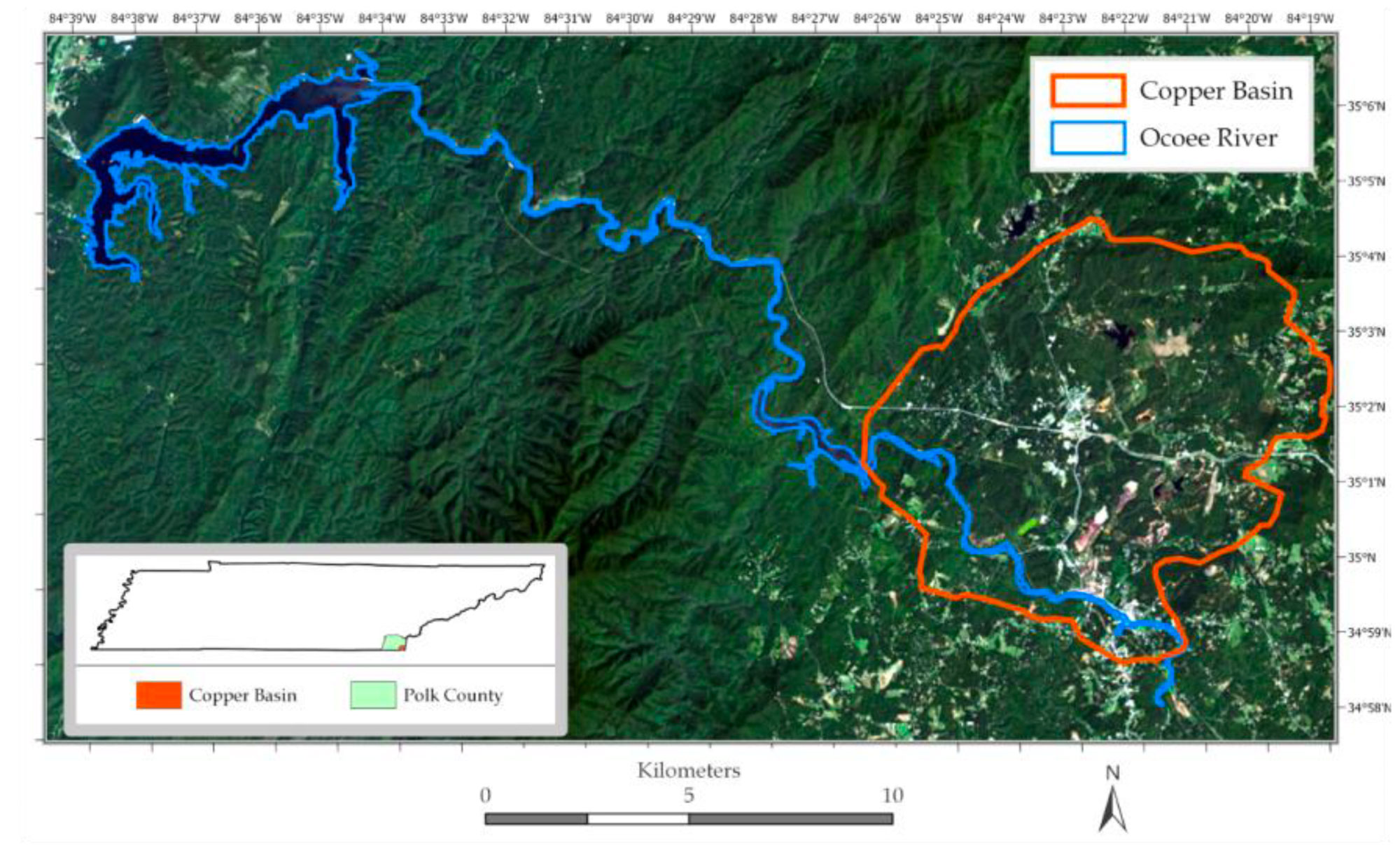 Satellite image of the modern Ducktown region of Tennessee showing that much of the copper mining area is now vegetated. An inset map shows that Copper Basin is in southeastern Tennessee.