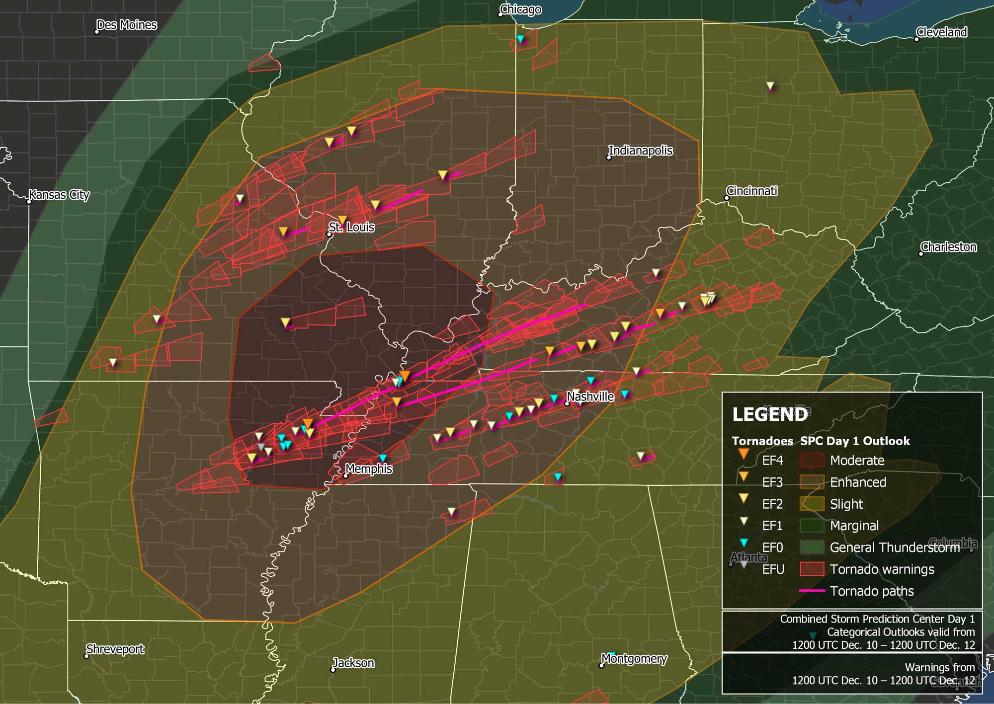 Map showing the locations and intensities of tornadoes that were part of the December 2021 outbreak.