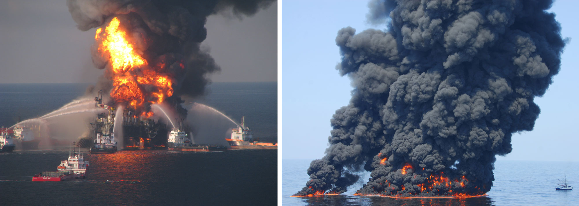 2-Panel image showing the Deepwater Horizon oil spill in 2010. Panel 1: Deepwater Horizon oil platform on fire, with fire boats spraying water to extinguish the flames. Panel 2: An oil slick being intentionally burned.