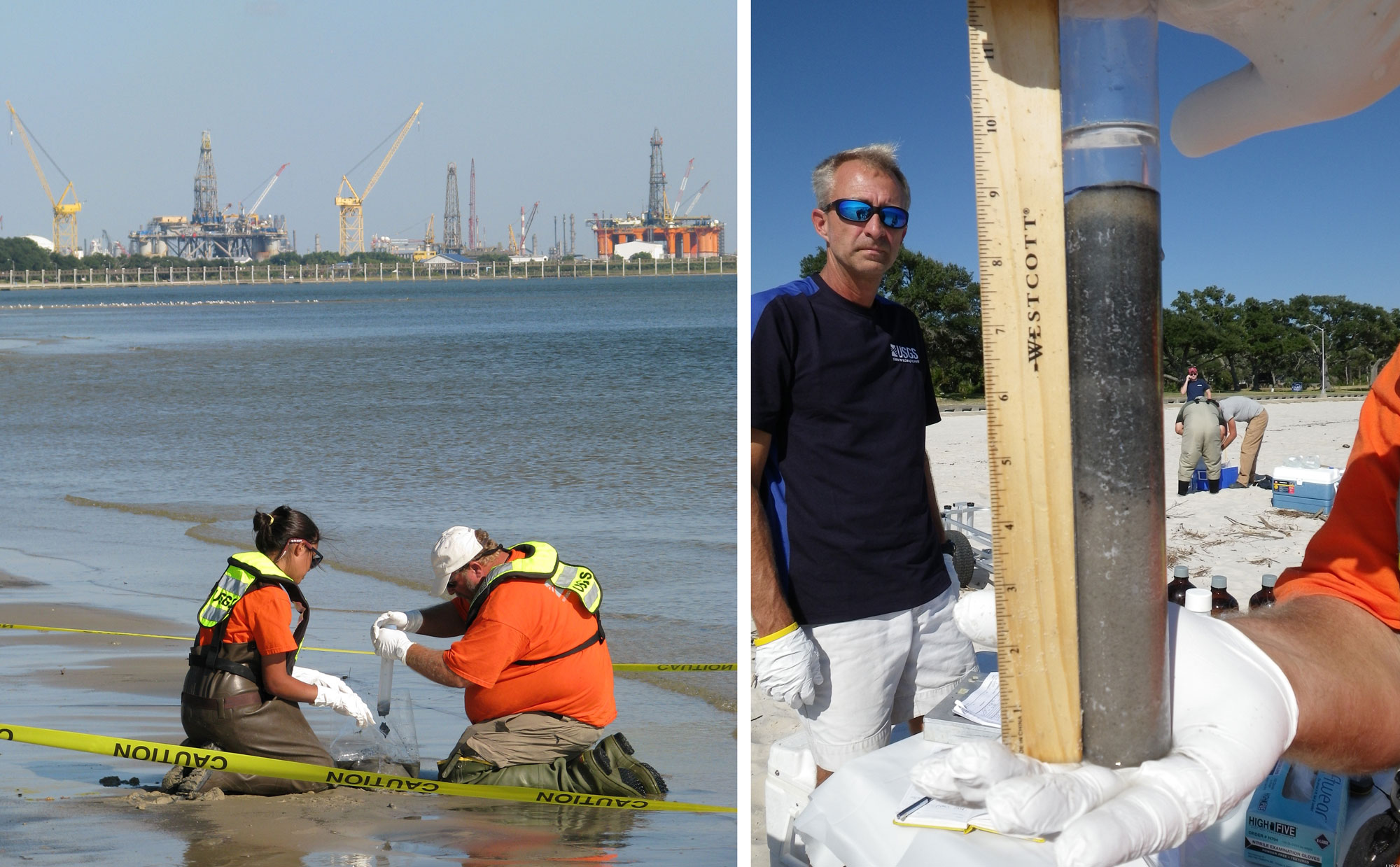 2-Panel image of scientists sample sediments on Pascagoula Beach in Mississippi. Panel 1: Two scientists on the beach with oil platforms in the background. Panel 2: A scientist showing a sediment core with other scientists in the background.