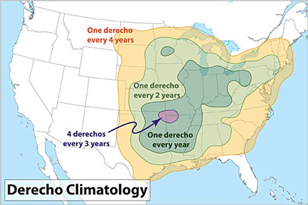 Map of the United State showing the frequencies of Derecho weather events.