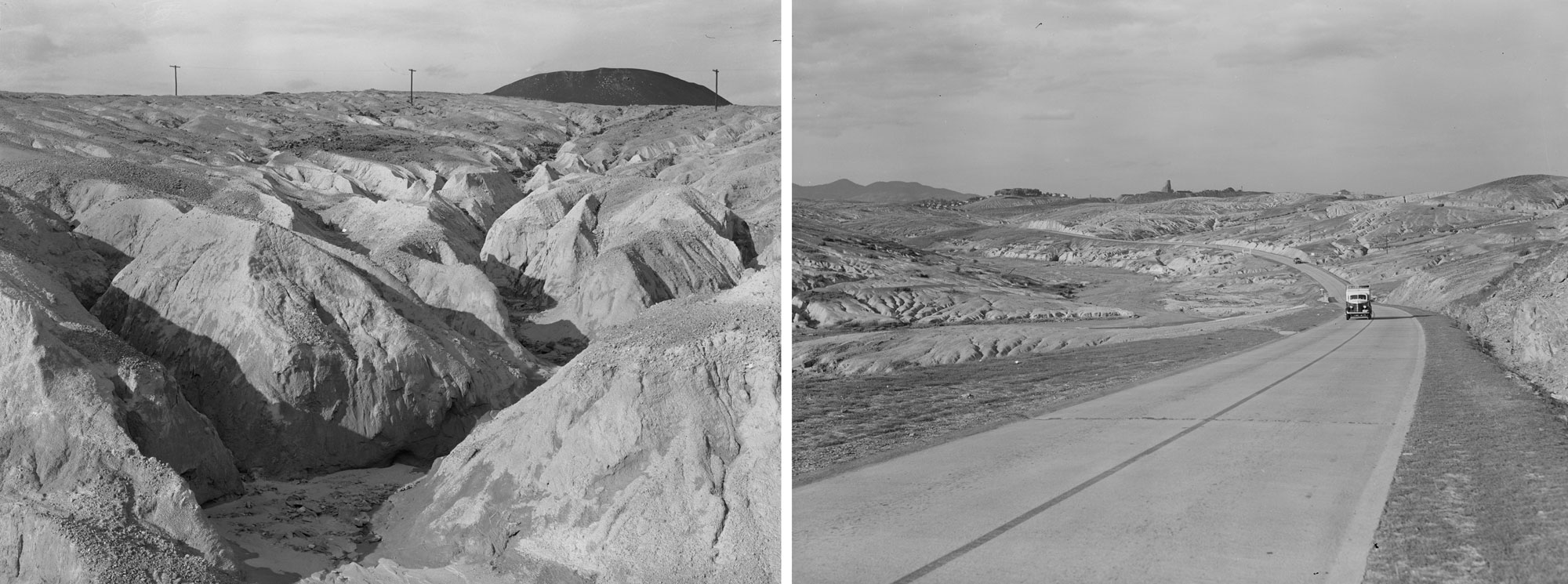 2-Panel image, black and white photos of environmental destruction associated with copper mining and smelting in the Ducktown region of Tennessee. Panel 1: Heavily eroded soil. Panel 2: A road with a car on it traveling through a denuded landscape.
